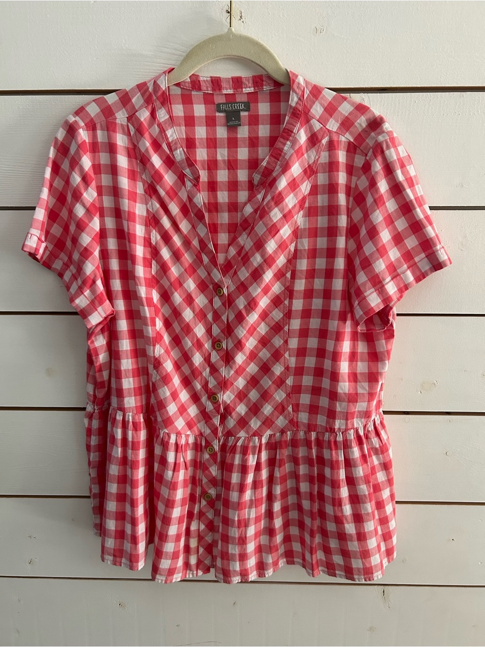 Falls Creek Pink White Gingham Button-Front Peplum Top Women’s Large
